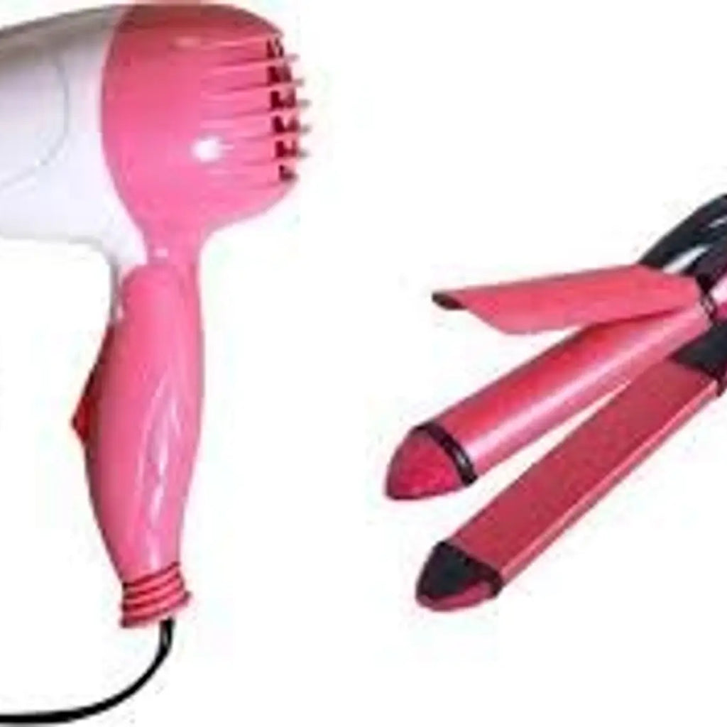 COMBO of NV-1290 Professional Foldable Hair Dryer with 2 Speed Setting 1000 WATT (PINK) Hair Dryer and NHC-2009 2 in 1 Ceramic Plate Hair Straightener With Hair Curler (PINK)