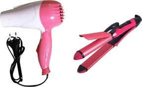 COMBO of NV-1290 Professional Foldable Hair Dryer with 2 Speed Setting 1000 WATT (PINK) Hair Dryer and NHC-2009 2 in 1 Ceramic Plate Hair Straightener With Hair Curler (PINK)