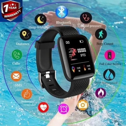 Smartwatch ID 116 Model Smart fitness Band with Blood Pressure ,Hear beat ,Sleep Monitoring Features and Step count Touch screen Square Dial watch Unisex for Boys and Girls
