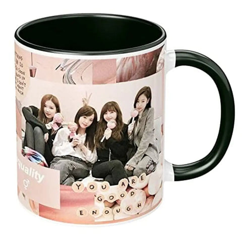 NH10 DESIGNS Black Pink Mug Blackpink Signature Mug with Keychain Gift for Girls Boys Hd Printed Microwave Safe Three Tone Black Ceramic Coffee Mug (350 ml)(3TONEBLKPNKMK-01) Pack of 2