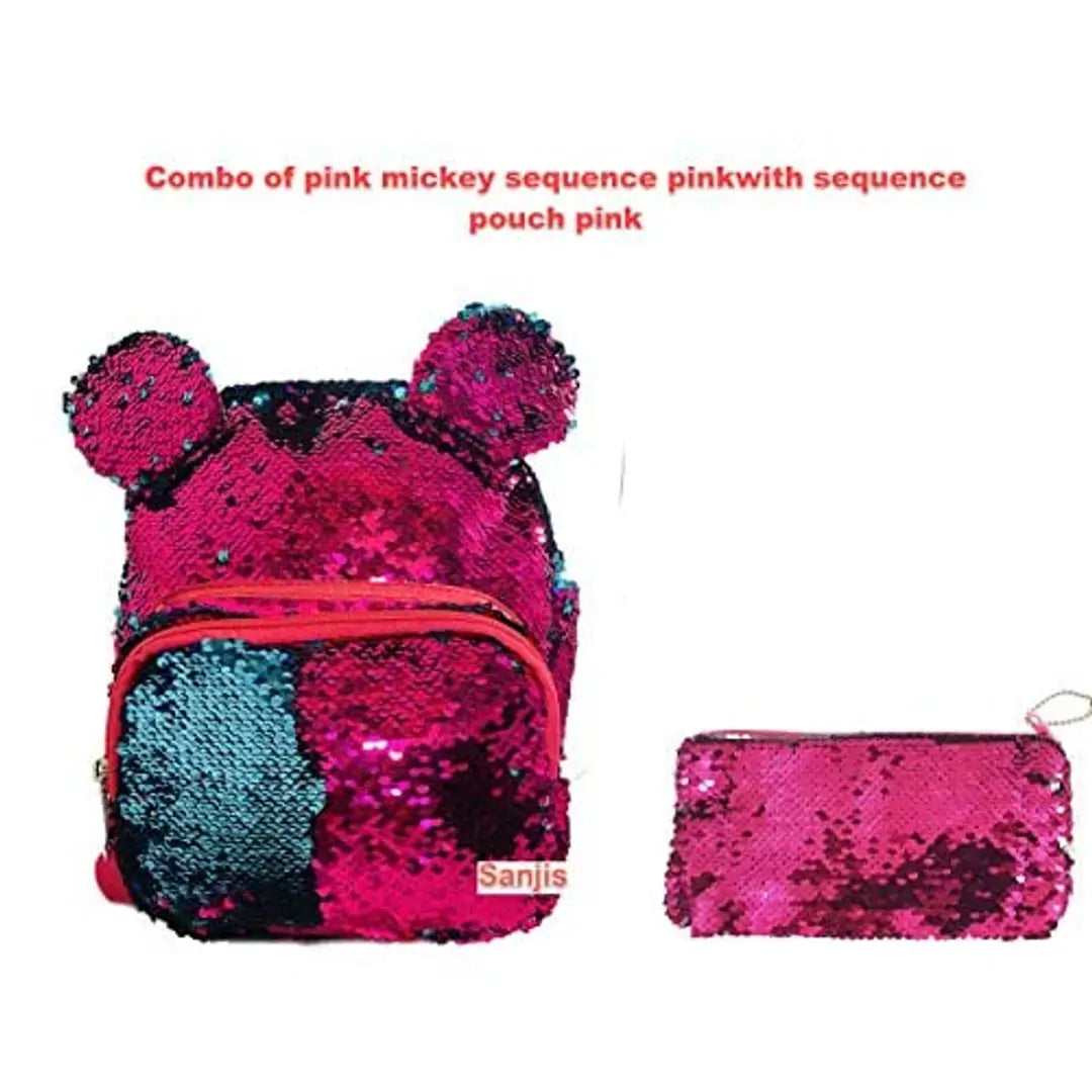 Sanjis Enterprise Sequins Backpack for Girls Travelling, School College Office Casual Daily use Bag for Kids (Pink)with sequins pouch. (Pink mickey sequin bag pack +sequins pouch pink)