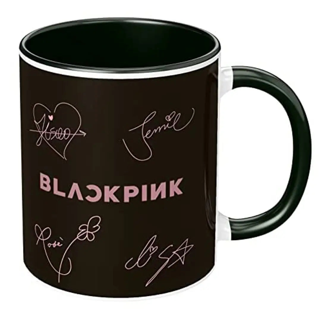 NH10 DESIGNS Black Pink Mug Blackpink Signature Mug with Keychain Gift for Girls Boys Hd Printed Microwave Safe Three Tone Black Ceramic Coffee Mug (350 ml)(3TONEBLKPNKMK-02) Pack of 2