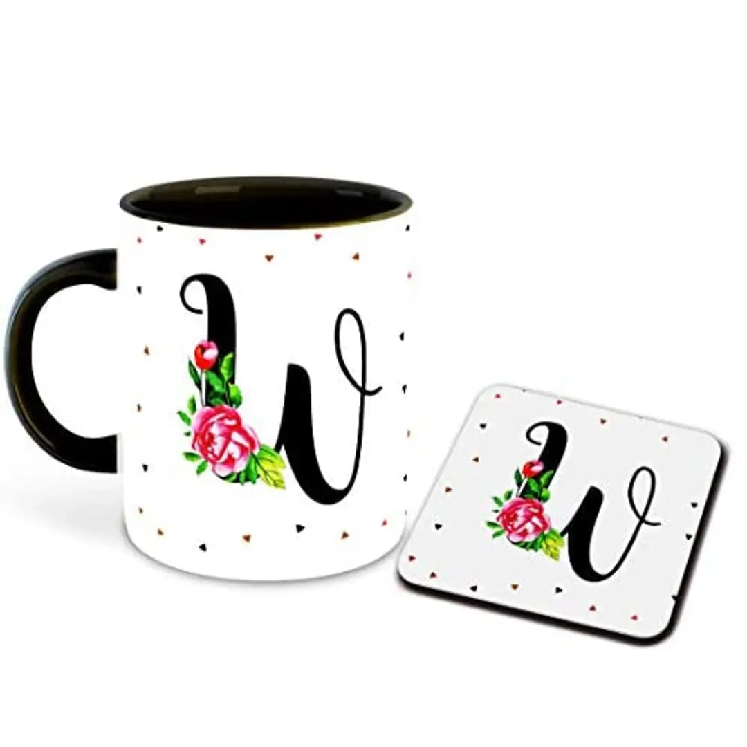 Whats Your Kick? (CSK) - Letter W Name Initial Alphabet Inspiration Printed Black Inner Ceramic Coffee Mug and Tea Mug with Coaster- Birthday | Anniversary (Multi 23)