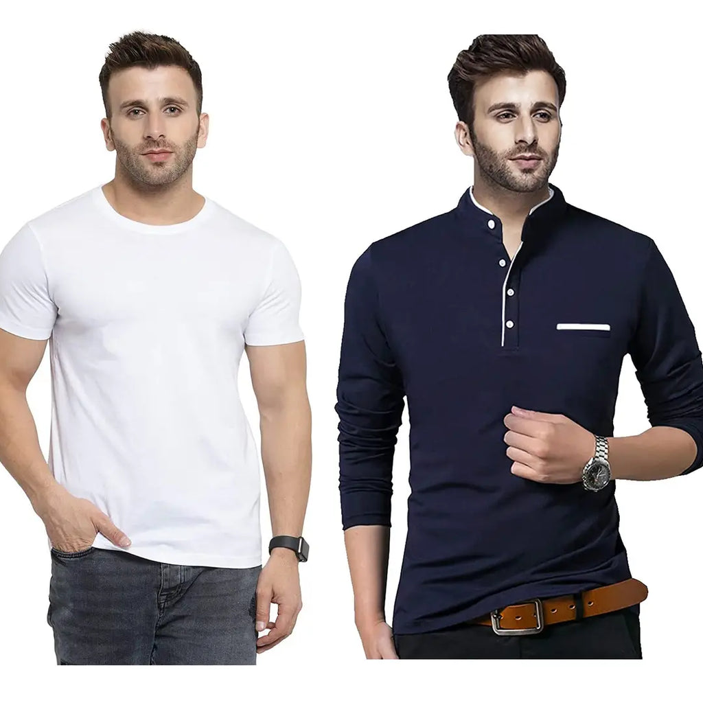 Eye Blink Regular fit Solid Men's Henley & Round Neck Cotton Blend T Shirts (Set of 2)