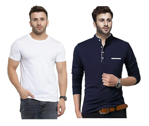 Eye Blink Regular fit Solid Men's Henley & Round Neck Cotton Blend T Shirts (Set of 2)