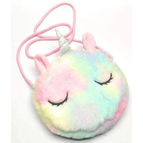 Sanjis Enterprise Rainbow Unicorn Plush Fuzzy Fur Mini Sling Round Bag Cute Bag for Kids Girls chidren. White
