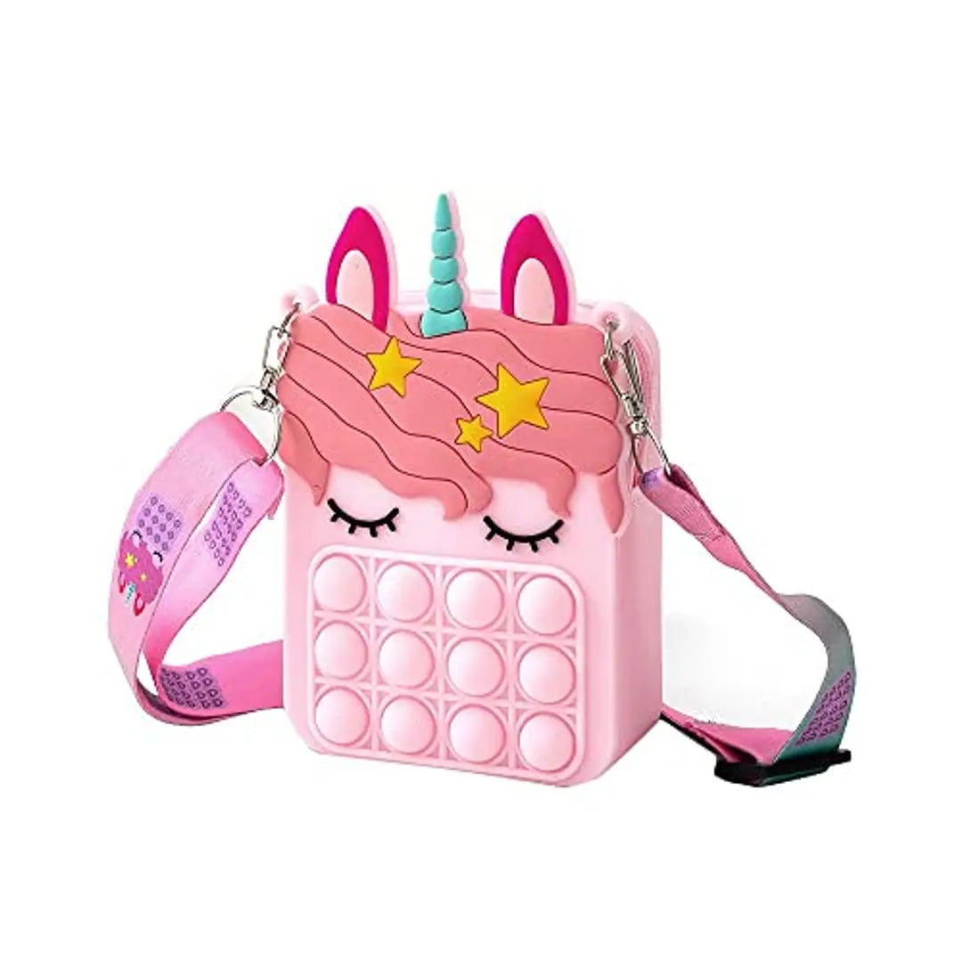 Sanjis Enterprise Unisex kids Silicone cute bubble cross body bag School Girl Bags Push Bubble Sensory Fidget Toy stress reliving Shoulder Sling Pop Bag Random design and color (Unicorn-Pink)