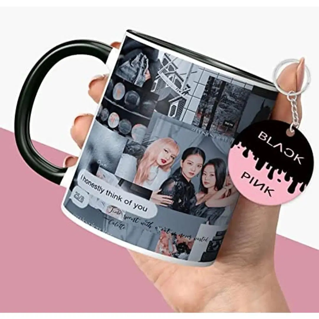 NH10 DESIGNS Black Pink Mug Blackpink Signature Mug with Keychain Gift for Girls Boys Hd Printed Microwave Safe Three Tone Black Ceramic Coffee Mug (350 ml)(3TONEBLKPNKMK-03) Pack of 2