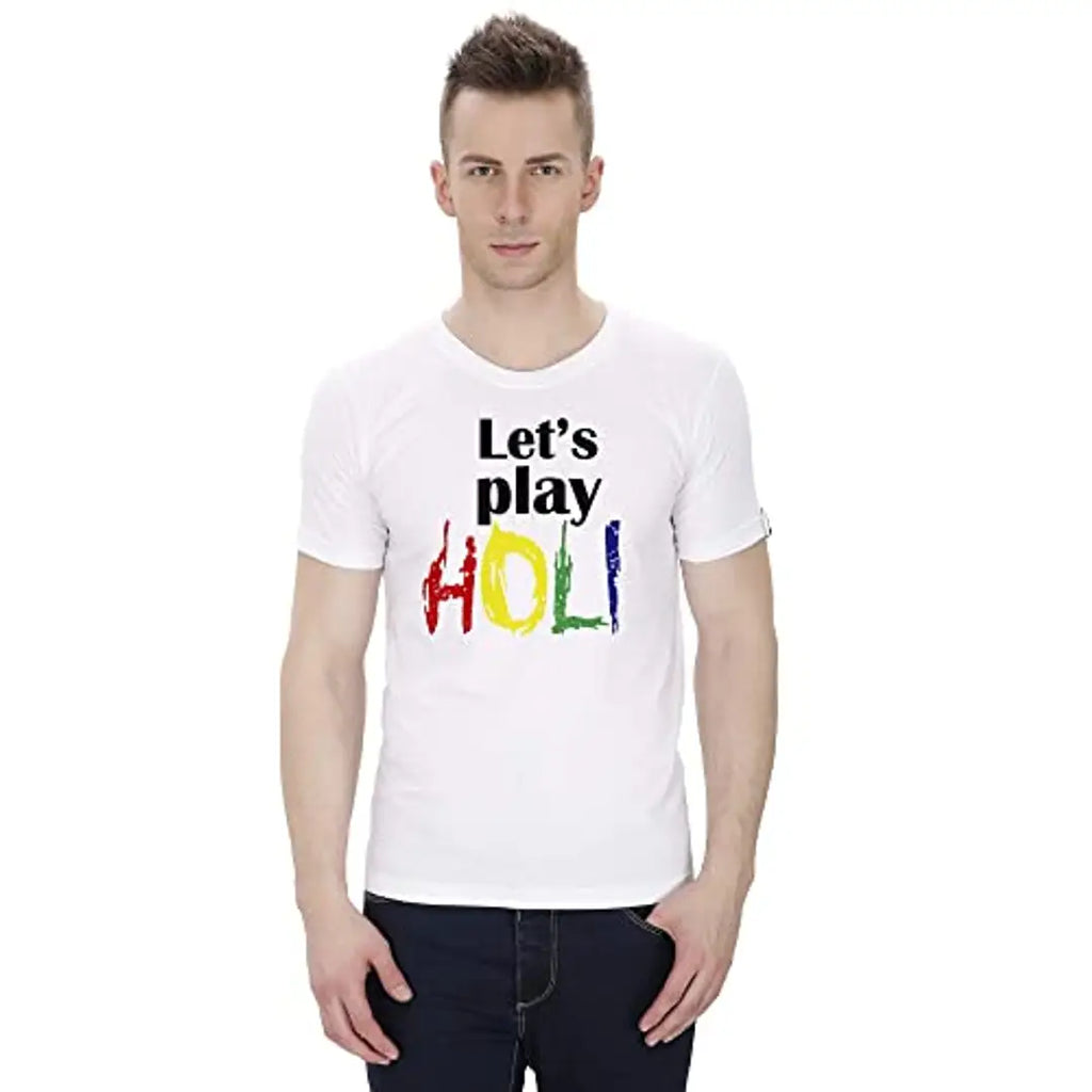 ME & YOU Let's Plat Holi Round Neck White T-Shirt (X-Large)