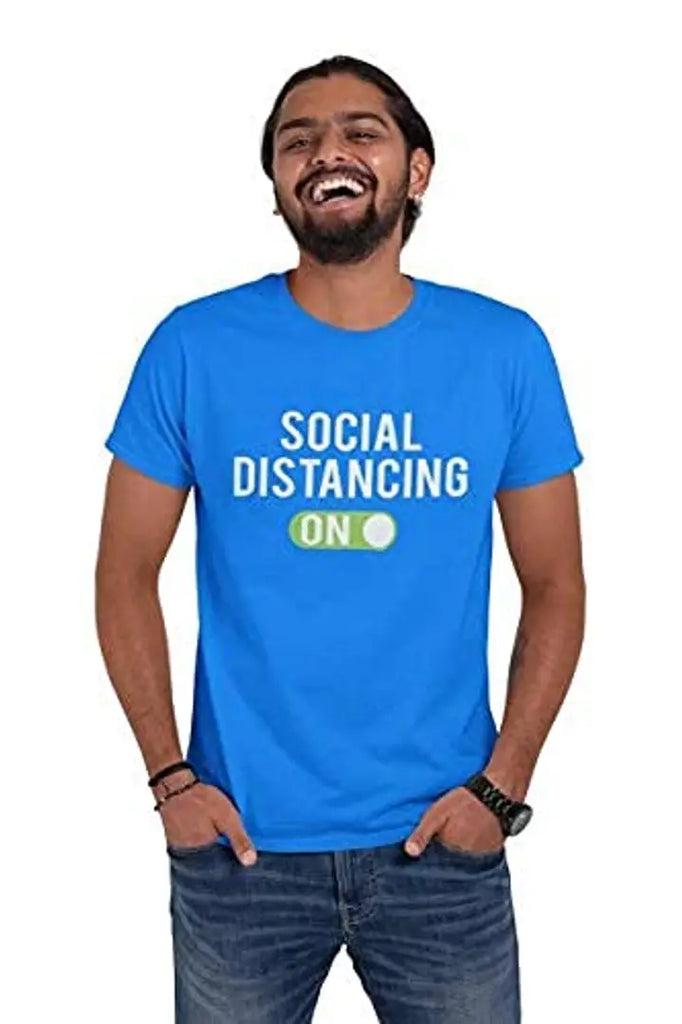 THREAD MONK Men's Cotton Social Distancing On Printed Round Neck Half Sleeves Regular Fit T-Shirt Blue