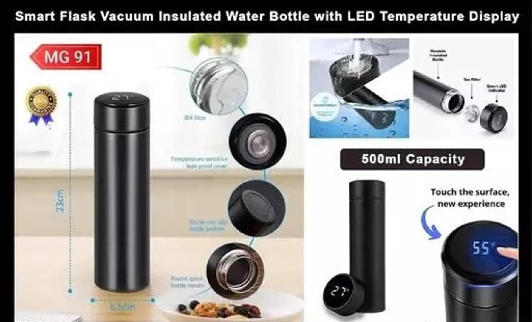 LED temperature water bottle display I LED indicator water bottle hot  cool 500 ml Flask (Pack of 1, Black, Steel)