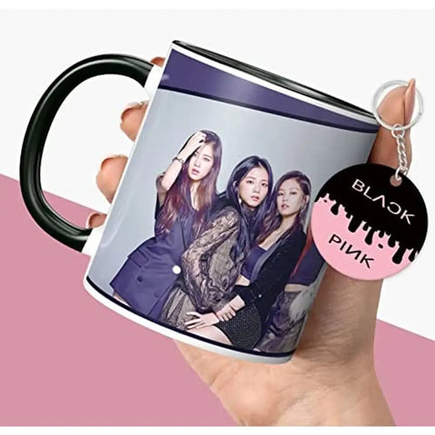 NH10 DESIGNS Black Pink Mug Blackpink Signature Mug with Keychain Gift for Girls Boys Hd Printed Microwave Safe Three Tone Black Ceramic Coffee Mug (350 ml)(3TONEBLKPNKMK-04) Pack of 2