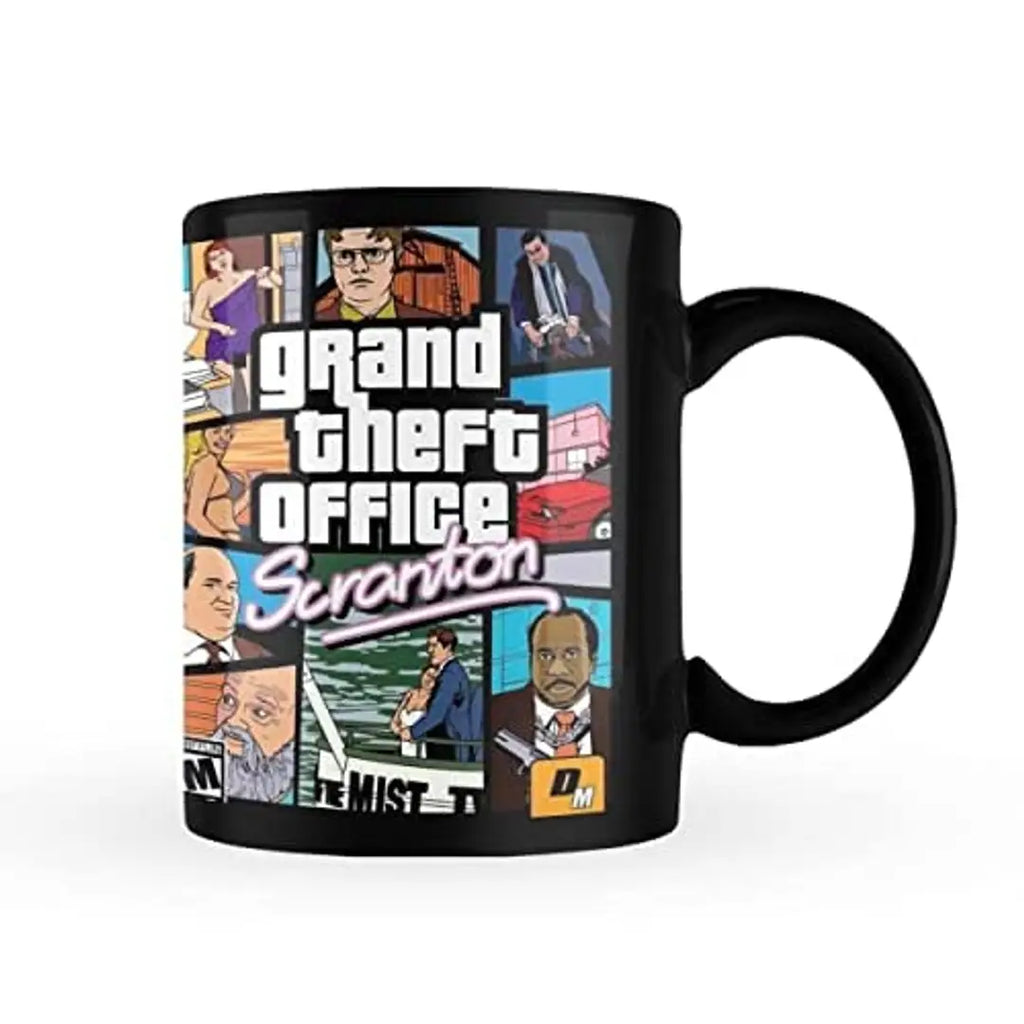 Morons Printed Black Patch Grand Theft Office Coffee Mug | The Office Merchandise | Printed GTA Style Coffee Mug Gift for Friends (Black, Pack of 1, 330 ml)