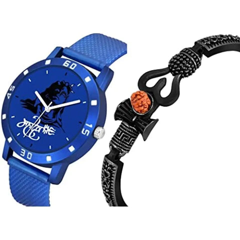 HAPPY KHAJANA Men's Analog Blue Mahadev in Black Case with Black Mahadev Kada (Blue)