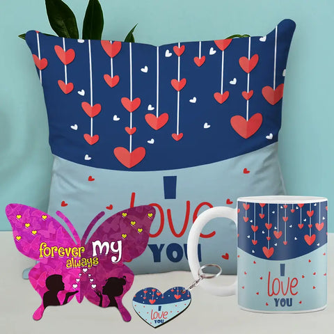 Valentine Gift Combo Printed Cushion with Filler, Coffee Mug With Butterfly Shaped Greeting Card And Heart Shaped Wooden Key Chain