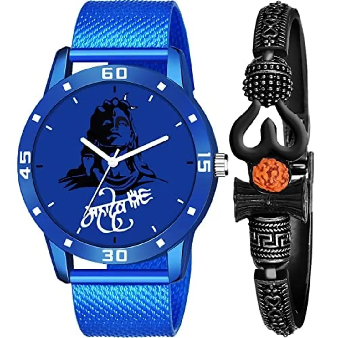 HAPPY KHAJANA Men's Analog Blue Mahadev in Black Case with Black Mahadev Kada (Blue)