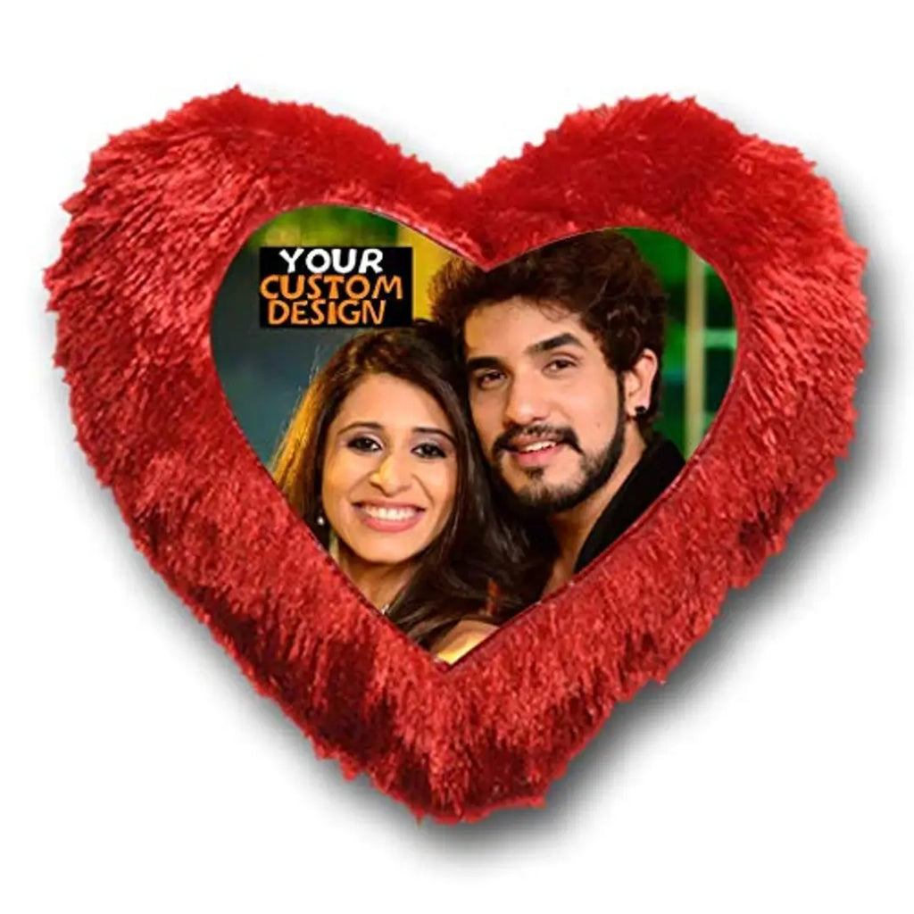 KD RETAIL Valentine Special Photo Printed Heart Shaped Fabric Cushion with Filler for Customized Gift (RED, Standard)
