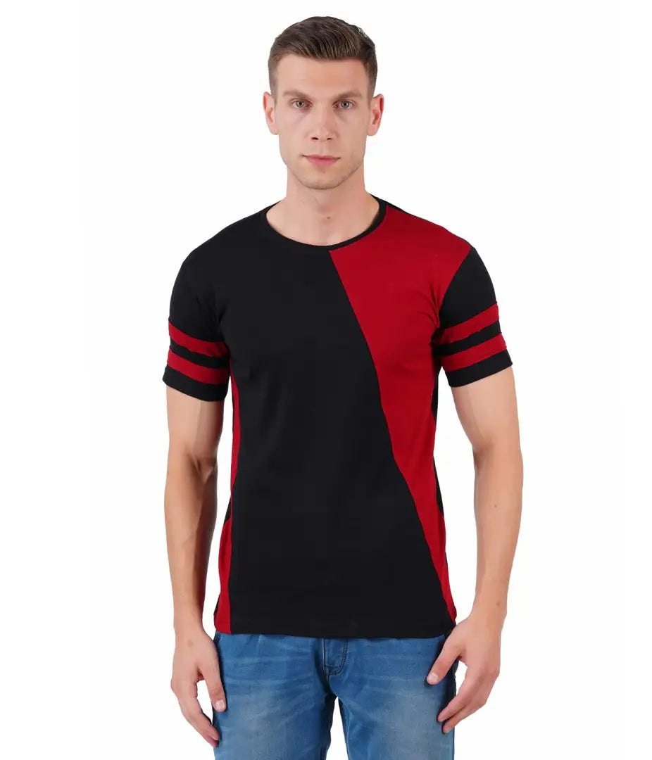 BET Men Premium Cotton Round Neck Color Block T-Shirt Maroon::Black