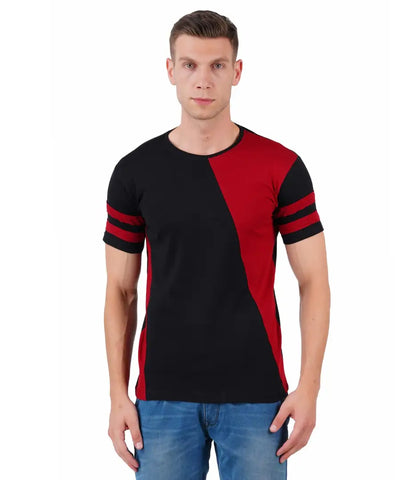BET Men Premium Cotton Round Neck Color Block T-Shirt Maroon::Black