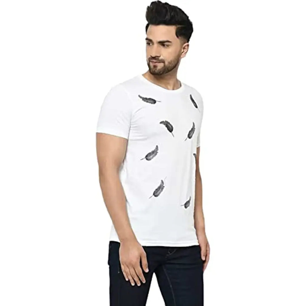 The Fabshopper Cotton Round Neck White Leaf T-Shirt for Men