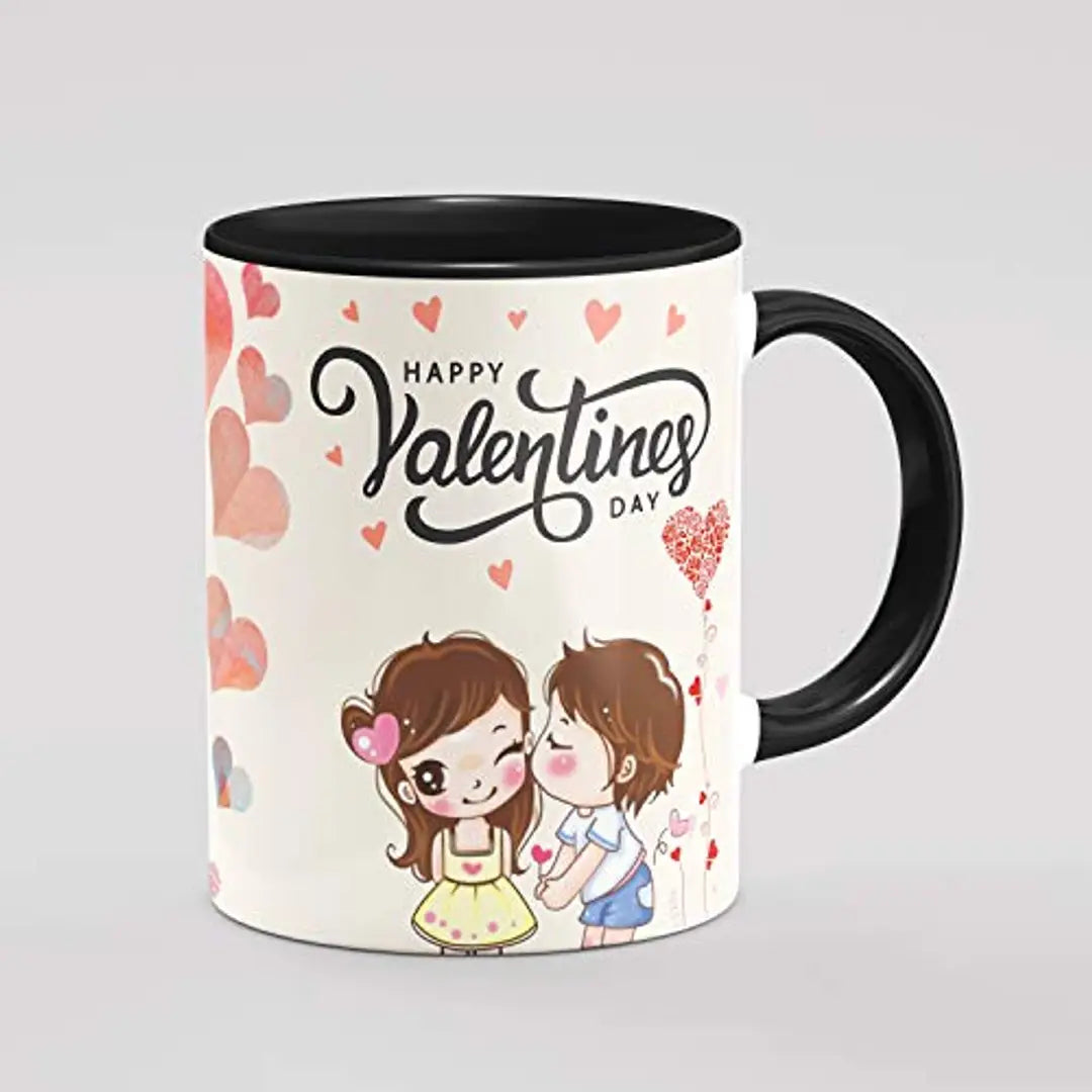 PRAMONITA Valentine Special Love Gift for His Or Her Happy Valentine Day Printed Inner Colour Ceramic Coffee Mug- Best Love Quotes, Couple, Best Gift | Gift for Loved Ones (Black)