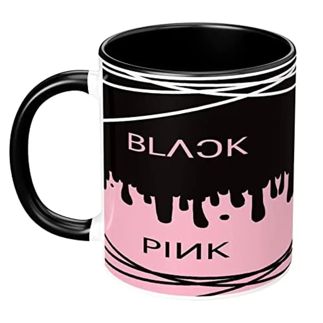 NH10 DESIGNS Black Pink Mug Blackpink Signature Mug with Keychain Gift for Girls Boys Hd Printed Microwave Safe Three Tone Black Ceramic Coffee Mug (350 ml)(3TONEBLKPNKMK-08) Pack of 2