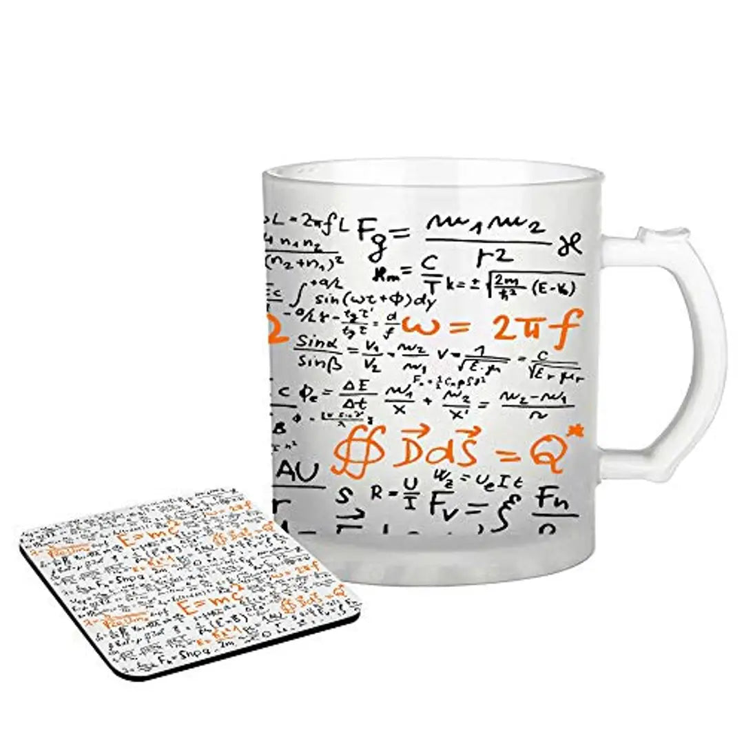 Morons Einstein Formula Mug with Quotes | Printed Glass Coffee/Beer Mug with Coaster for Science Lovers | 330 ml, [Pack of 2; 1 Mug  1 Coaster]