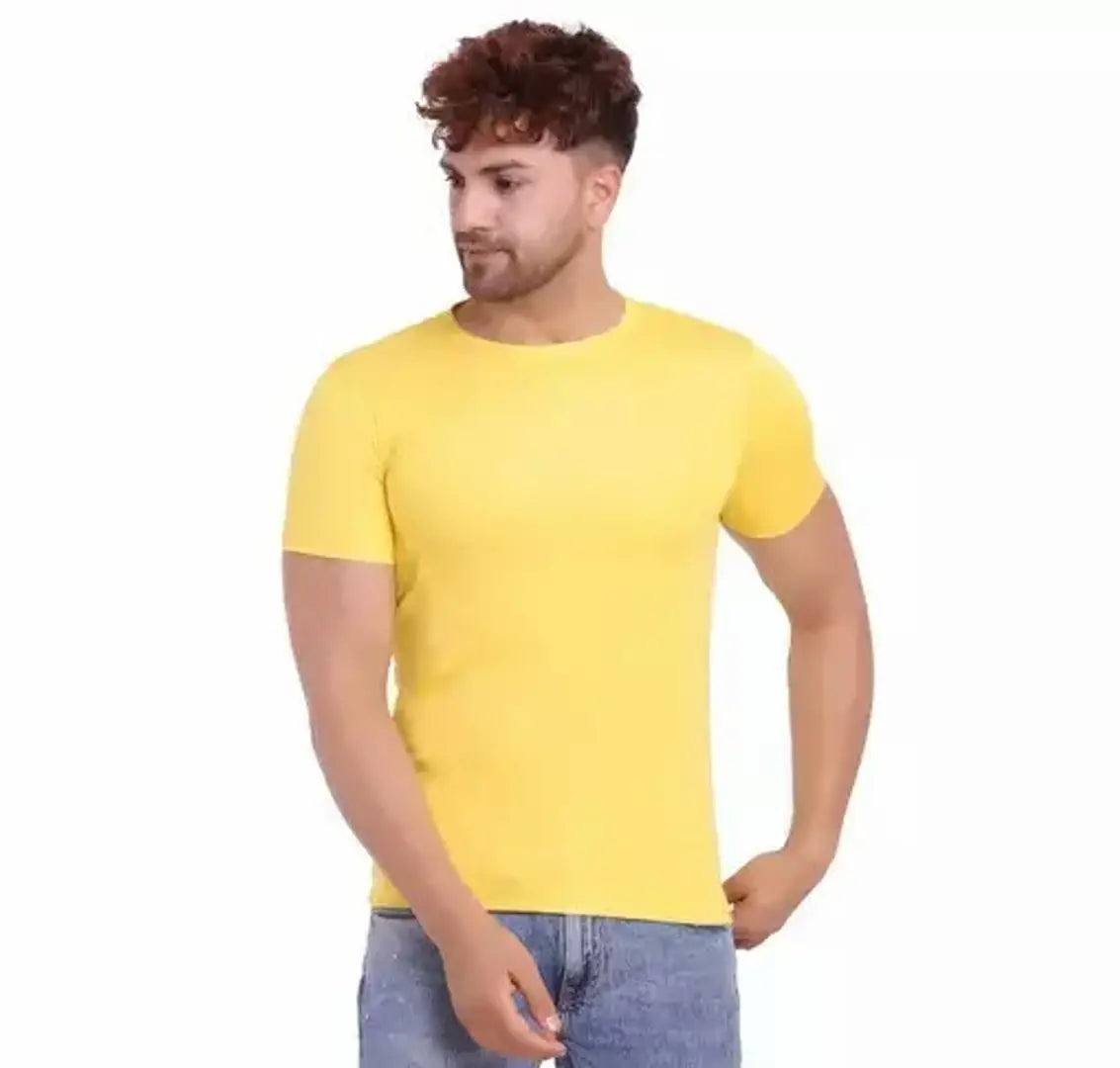 Stylish Polyester Yellow Round Neck Short Sleeves Solid T-shirt For Men