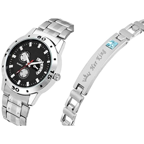 HAPPY KHAJANA Black MATT Finish DIAL and Silver CASE Watch with Silver Steel Belt with Silver MATT Finish King Bracelet with Blue Diamond