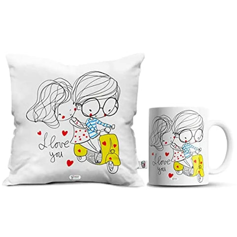 Paperholic Creations Micro Fiber I Love You Couple Printed Satin Cushion Cover 12x12-inch with Filler Coffee Mug Cushion 330 ml, White, Valentine Gift, Girlfriend Gift, Boyfriend Gift, Couple Gifts, Combo Set