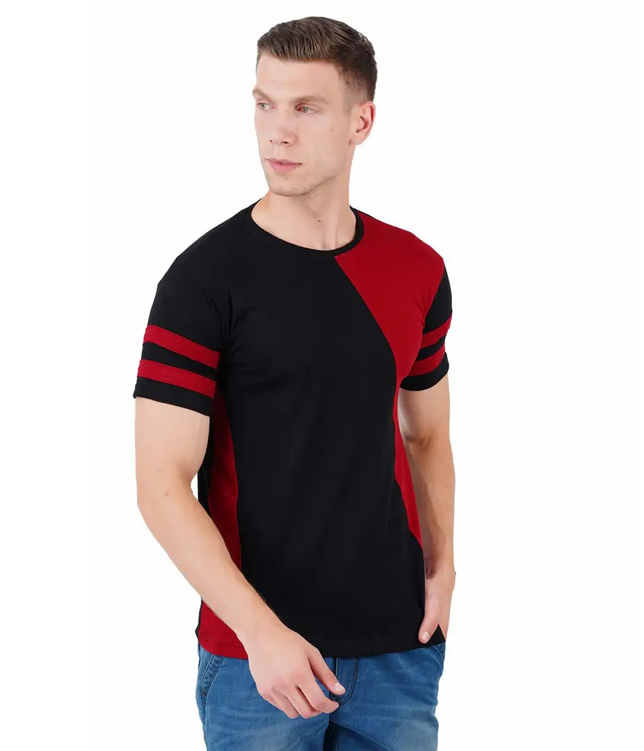 BET Men Premium Cotton Round Neck Color Block T-Shirt Maroon::Black