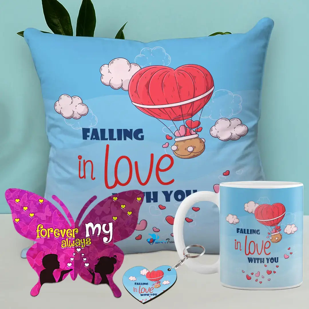 Valentine Gift Combo Printed Cushion with Filler, Coffee Mug With Butterfly Shaped Greeting Card And Heart Shaped Wooden Key Chain