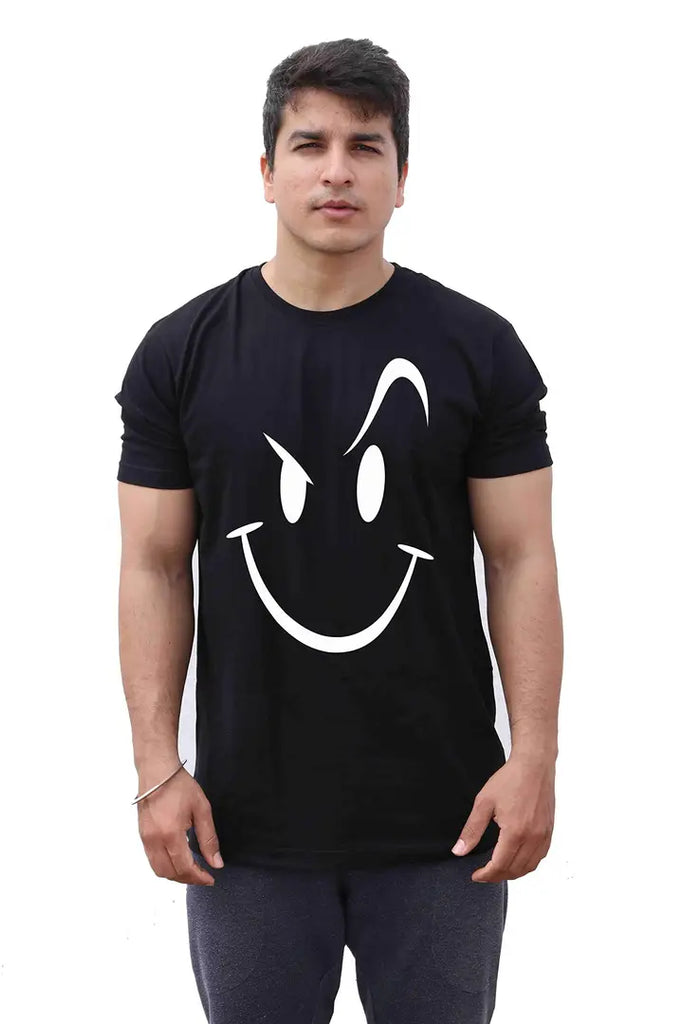 ThreadMonk Cotton Men's Smiley Face with Raised Eyebrow Printed Half Sleeves Tshirts Regular Fit (Black, X-Large)