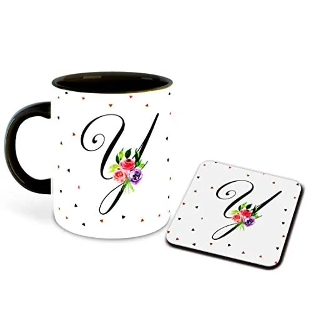 Whats Your Kick? (CSK) - Letter Y Name Initial Alphabet Inspiration Printed Black Inner Ceramic Coffee Mug and Tea Mug with Coaster- Birthday | Anniversary (Multi 25)