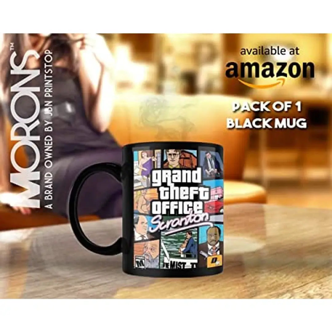 Morons Printed Black Patch Grand Theft Office Coffee Mug | The Office Merchandise | Printed GTA Style Coffee Mug Gift for Friends (Black, Pack of 1, 330 ml)