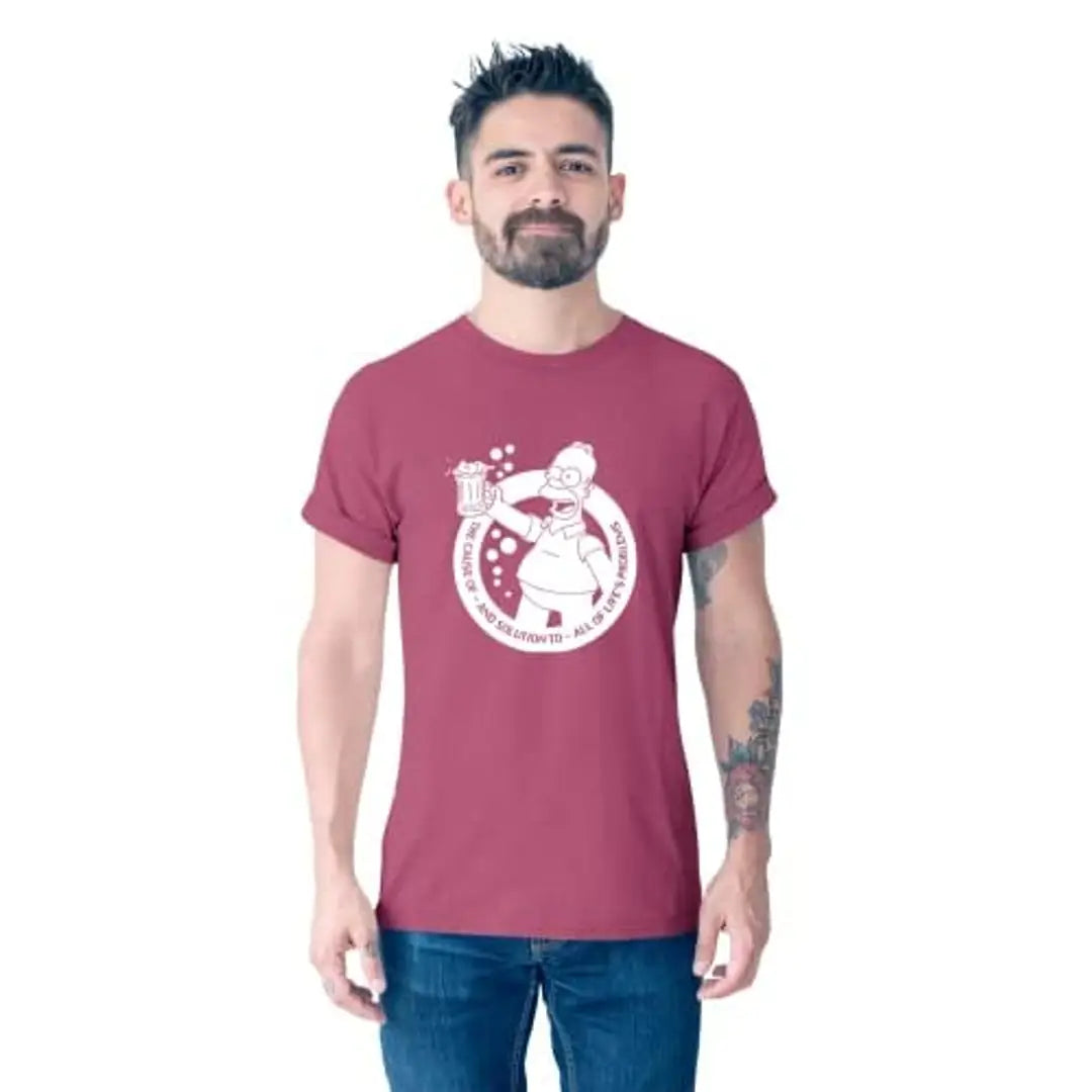 satyuga Men's Cotton T-Shirt - Round Neck, Half Sleeves, Printed, Maroon, XX-Large Casual Wear Tees for Men (Simpson Beer Mug)