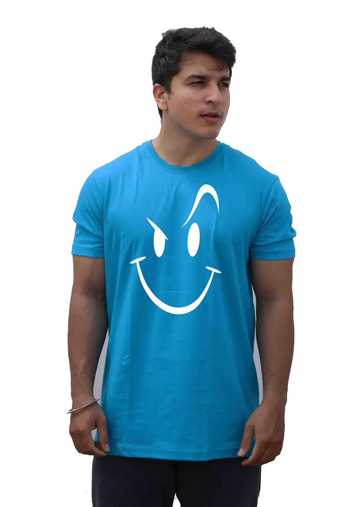 ThreadMonk Cotton Men's Smiley Face with Raised Eyebrow Printed Half Sleeves Tshirts Regular Fit (Light Blue, Small)