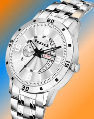Stylish Steel Round Shape Dial White Analogue Watch For Men With Day And Date Display