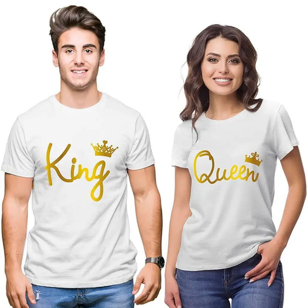 Tshirts Buddy Couple Tshirts for Husband and Wife Men's and Women's Lover-King-Queen-Pack of 2