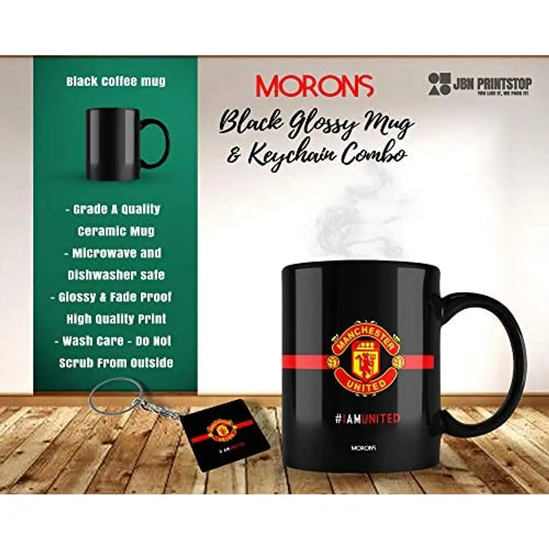 MORONS I Am United - Man United Black Coffee Mug Merchandise, Man Utd Printed Coffee Mug & Keychain Gift Set [330 ml, Ceramic; Black]