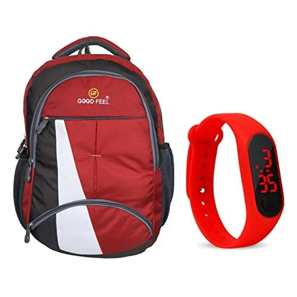 GOOD FEEL New Canvas Polyester School Bag, College Bag, Laptop Bag for Boys and Girls LED Watch Free (Red)