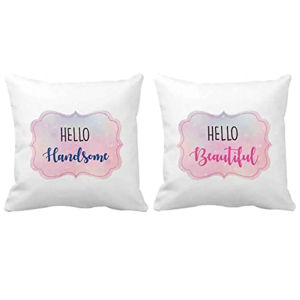 Designer Unicorn Printed Couple Cushion Cover with Filler, Hello Beautiful/ Handsome 12X12 inches Set of 2