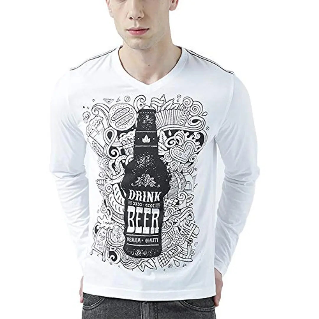 HUETRAP Mens Always be beerful White Beer Print V Neck Long Sleeve T Shirt