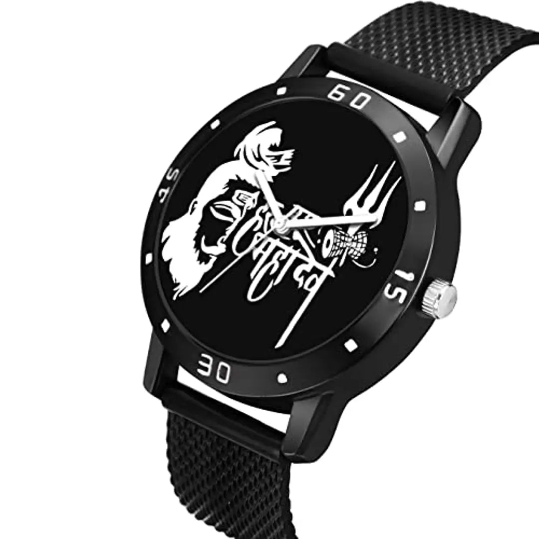 HAPPY KHAJANA Black MATT Finish HAR HAR MAHADEV Watch with Black PU Belt with Black Leather Brown RUDRAKSHA Bracelet