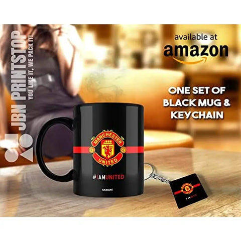 MORONS I Am United - Man United Black Coffee Mug Merchandise, Man Utd Printed Coffee Mug & Keychain Gift Set [330 ml, Ceramic; Black]