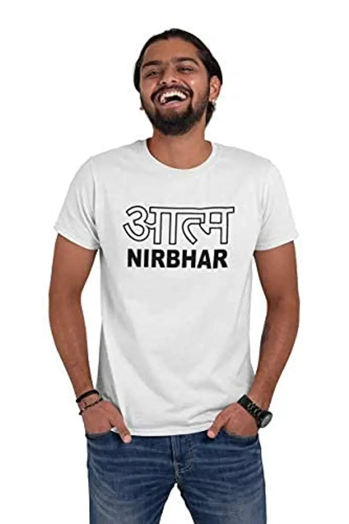 THREAD MONK Men's Cotton Aatm Nirbhar Printed Round Neck Half Sleeves Regular Fit T-Shirts White