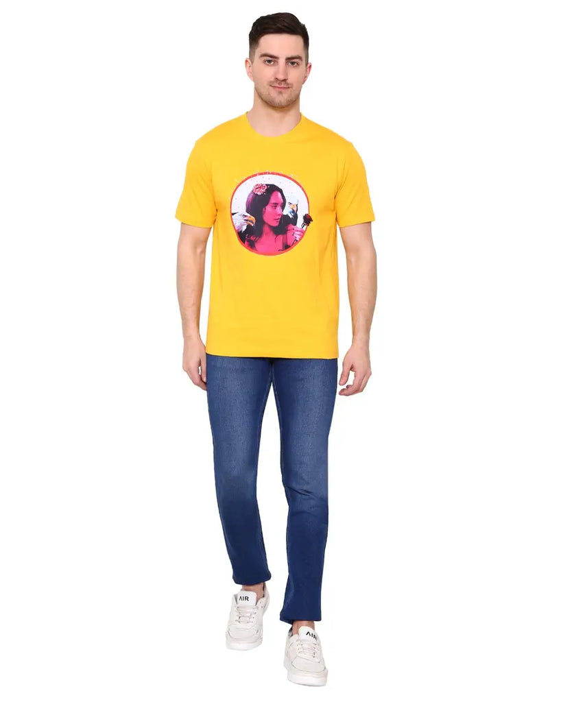 Trendy Cotton Yellow Printed Round Neck Short Sleeves T-shirt For Men