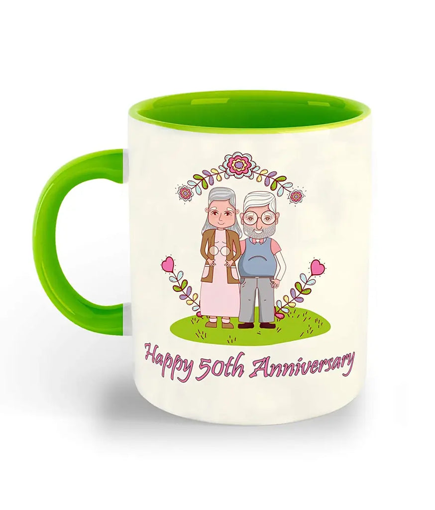 APSRA Golden Jubilee Anniversary, Happy 50th Anniversary Printed Green Inner Colour Ceramic Coffee Mug and Tea Mug- Gift for Wife, Husband (Multi 9)