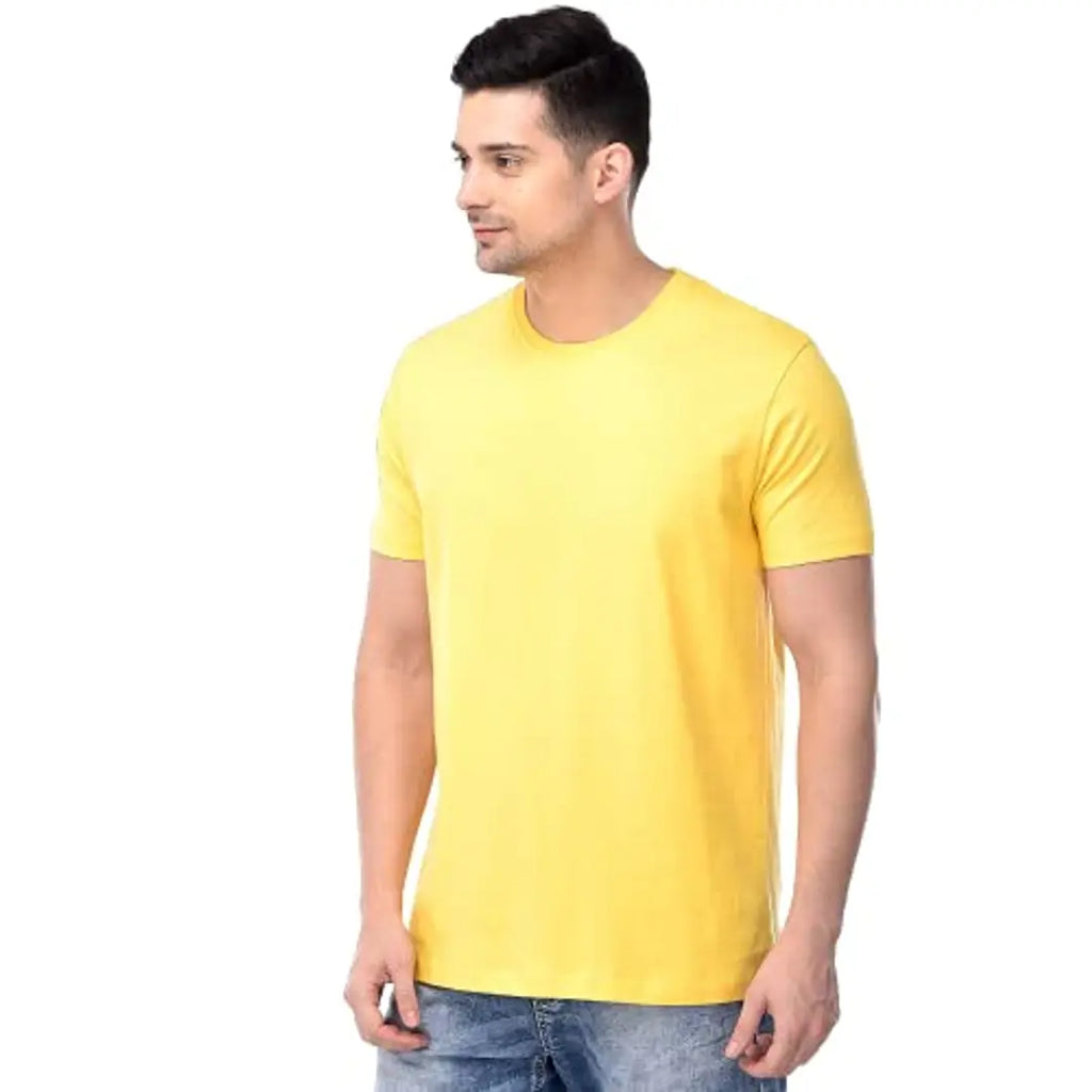 THREAD MONK Men's Cotton Half Sleeves Round Neck Solid T-Shirts Yellow