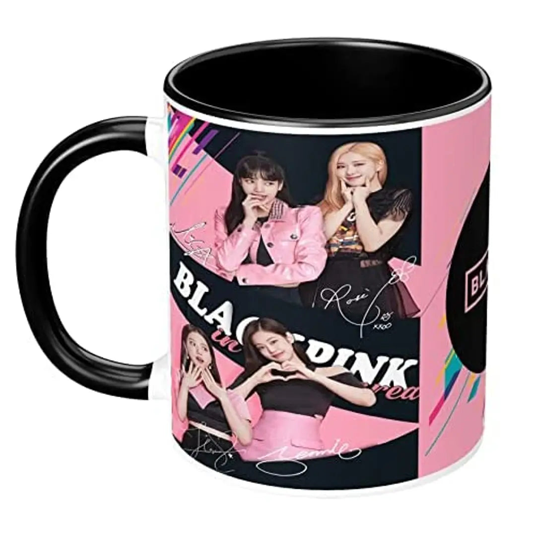 NH10 DESIGNS Black Pink Mug Blackpink Signature Mug with Keychain Gift for Girls Boys Hd Printed Microwave Safe Three Tone Black Ceramic Coffee Mug (350 ml)(3TONEBLKPNKMK-05) Pack of 2